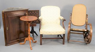 Five piece lot to include bentwood rocker, hanging corner cabinet, ht. 36", two stands, one with checkerboard top along with an upholstered armchair.