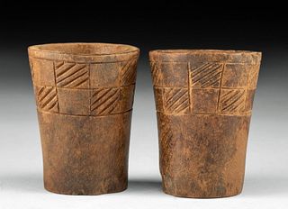 Rare Pair Inca Wood Keros w/ Incised Geometric Designs