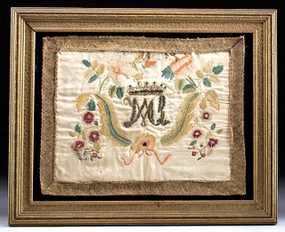 19th C. Silk Embroidery w/ Emperor Maximilian Monogram