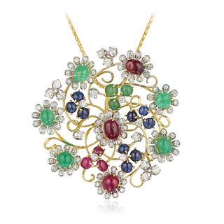 Multi-Colored Gemstone and Diamond Flower Pendant Necklace