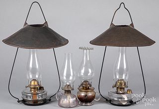 Two hanging lamps with tin shades, etc