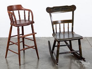 Highchair, 19th c., together with a painted rocke