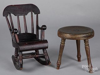 Doll rocking chair, 19th c., together with a stoo
