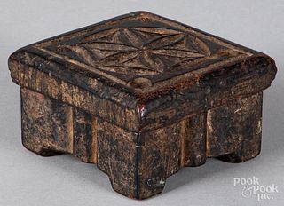 Unusual carved walnut painters box, 18th c.