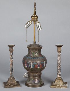 Chinese cloisonné table lamp and candlesticks