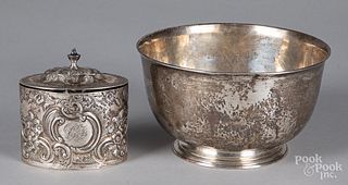 Irish silver bowl and repousse tea caddy