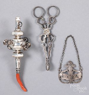 English silver rattle/whistle, sugar tongs, etc.