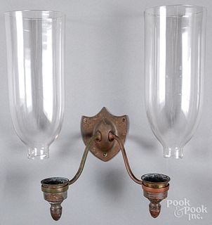 Brass double-arm sconce, with hurricane shades