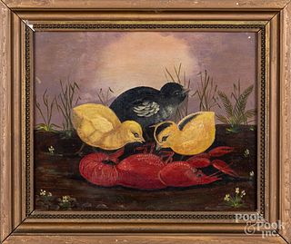 Oil on canvas of three chicks and a lobster