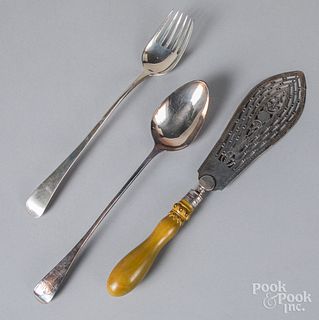 Three Georgian silver serving utensils.