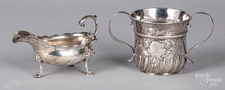Georgian silver caudle cup and a gravy boat