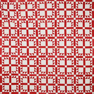 Red and White "Triangles In a Square" Patchwork Quilt, Circa 1920s