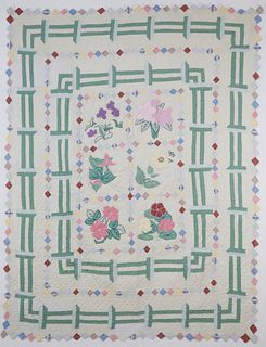 1930s Floral Applique and Geometric Patchwork Quilt