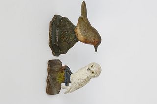 Two Antique Cast Iron and Painted Figural Bird Doorstops, circa 1920