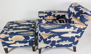 Five Star Upholstery Co. Fish Pattern Upholstered Club Chair and Ottoman