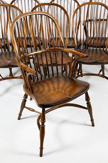 Set of Eight English Oak Bow Back Windsor Style Dining Chairs