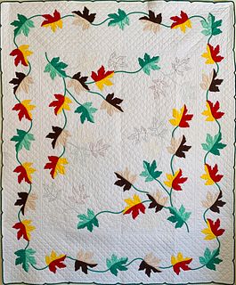 1930s Maple Leaf Applique and Stitched Quilt
