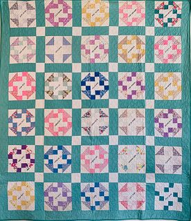 Green and White Geometric Patchwork Friendship Quilt