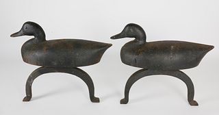 Pair of Vintage Cast Iron Swimming Duck Andirons