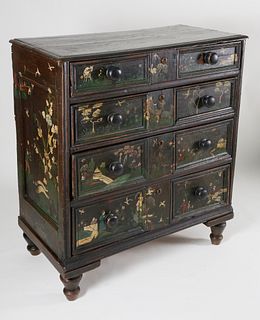 English Chinoiserie Landscape Paint Decorated Four Drawer Chest, 18th Century
