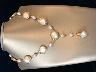 18mm White Baroque Coin Pearl Lariat Necklace