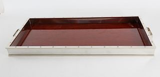 Modern Rosewood and Chrome Two-Handle Serving Tray