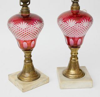 Pair of Ruby Cut to Clear Overlay Kerosene Lamps, circa 1840