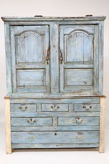 French Blue Painted Two-Part Kitchen Cupboard, 18th Century