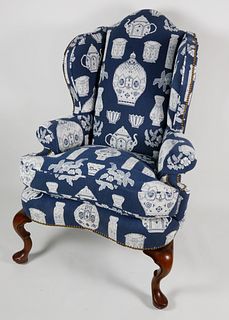 Blue and White Porcelain Pattern Upholstered Wing Chair