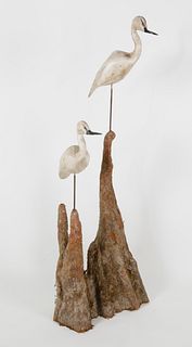 Pair of Carved and Painted Egrets on Natural Cypress Root Base, 20th Century