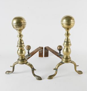 Pair of Brass Boston Ball Top Andirons, 19th Century