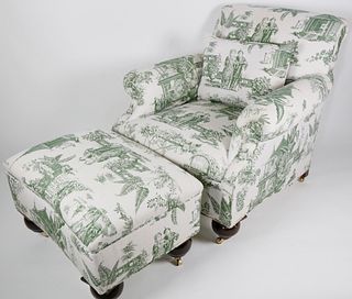 Green and White Oriental Garden Upholstered Club Chair and Ottoman