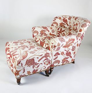Brunschwig and Fils Red and Creme Upholstered Club Chair and Ottoman