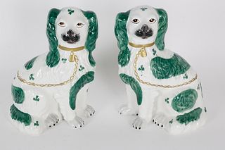 Pair of Green and White Staffordshire King Charles Spaniels