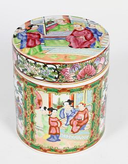 Chinese Mandarin Hand Painted Covered Porcelain Tea Caddy