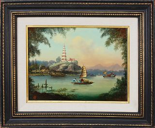 Michael Matthews Chinese Export Style Oil , "Pagoda at Whampoa Reach"