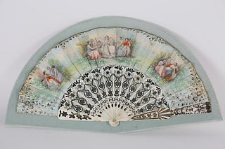 French Bone and Silver Lady's Fan in Shadowbox, circa 1820