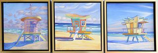 Three Illya Kagan Oils on Canvas "Triptych Lifeguard Station Huts"