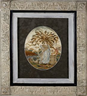 Oval Silk Embroidery of Woman in Wooded Landscape, early 19th Century