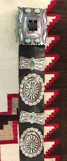 Vintage Large Navajo Sterling Silver and Turquoise Concho Belt