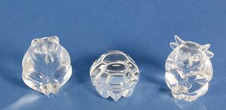 3 Signed Steuben Clear Crystal Figural Animal Hand Coolers or Paperweights
