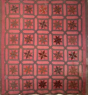 Calico Star in a Geometric Grid Patchwork Quilt, 19th Century