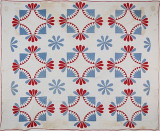 American Red, White and Blue Geometric Quilt, 19th Century