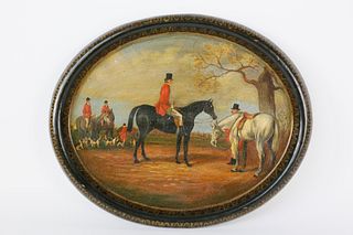 Antique Papier Mache Oval Tray Painted with an Equestrian Scene