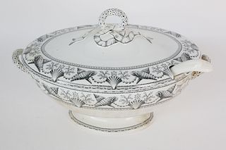 English Transferware Pedestal Soup Tureen, Cover and Ladle, 19th Century