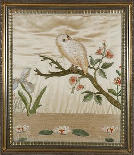 Trapunto Silk Embroidery of a Snowy Owl on Flowering Tree Branch
