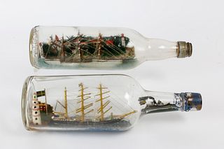 Two Folk Art Ship in Bottles Souvenir