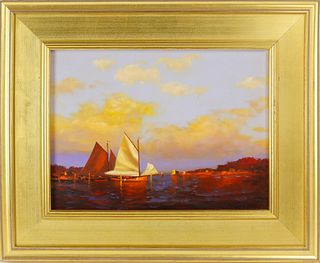 Vernon Broe Oil on Board, "Two Schooners Docked at Sunset"