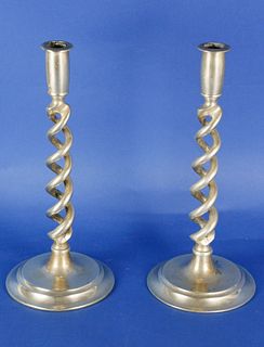 Pair of Brass Barley Twist Column Candlesticks, 19th Century