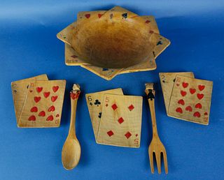 Carved Wood and Polychromed Playing Card Salad Set